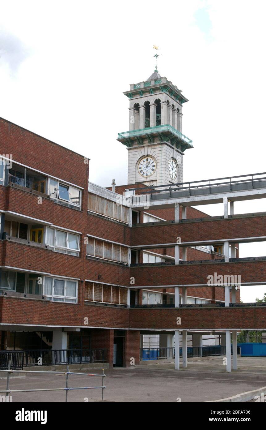 London,United Kingdom:02 Aug,2008. Estate living in Britain. Clock tower of the now closed 271-home Market Estate off Market Road and North Road Islington N1,known for its knife gangs. Large numbers of the estate are shuttered up as it becomes so undesirable a place. The Market Estate was bulldozed in three phases from 2004 and gradually replaced by a new estate, Parkside Place, from 2007 Jayne Russell/Alamy Stock Image Stock Photo