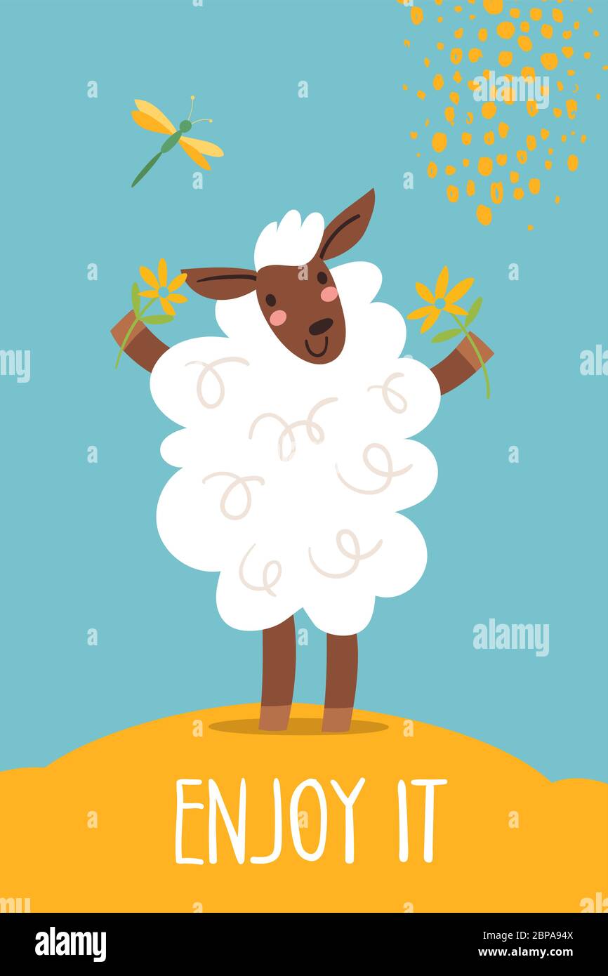Funny cartoon hand drawn poster with sheep Stock Vector