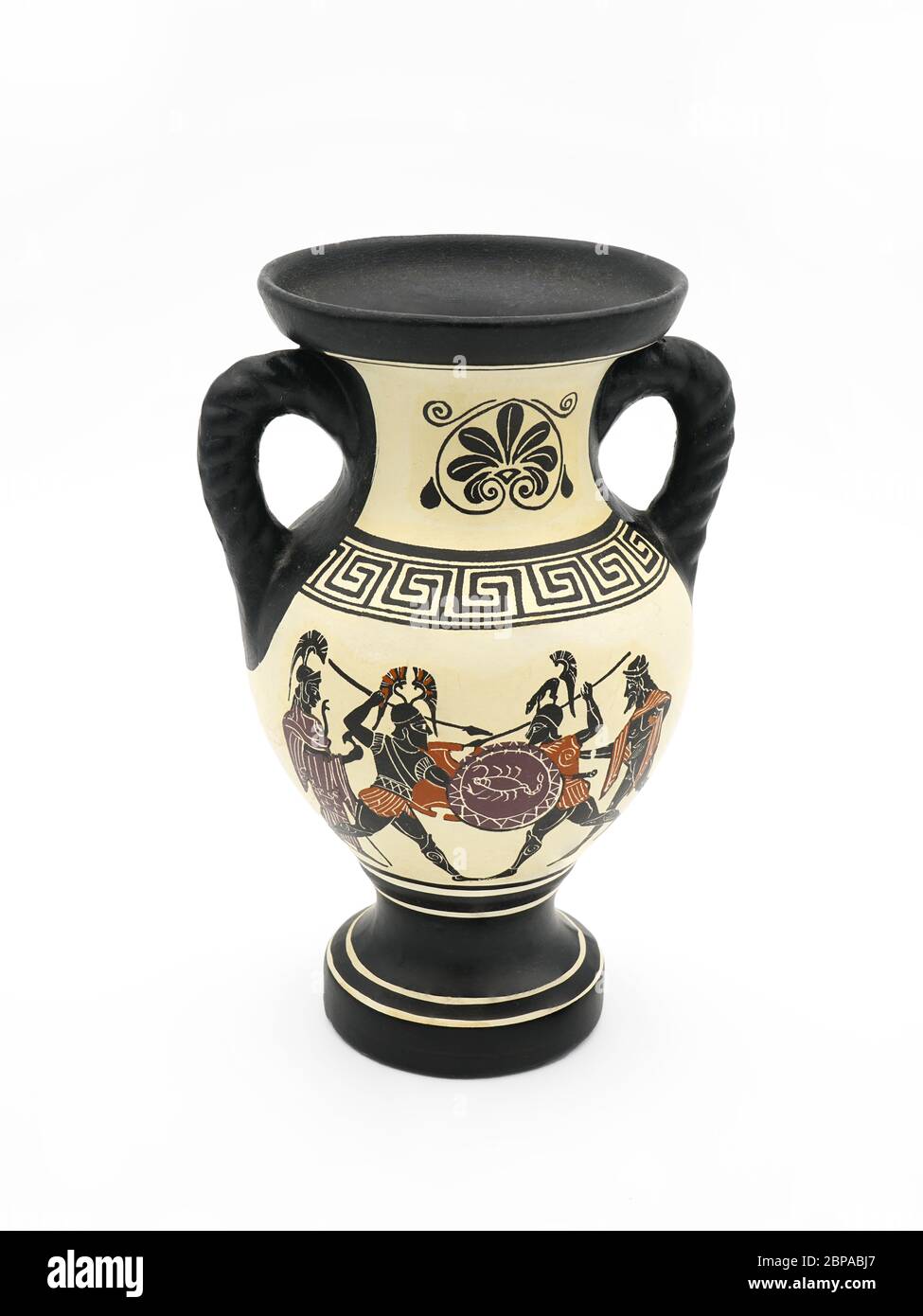A hand painted clay Greek vase with war scene. Stock Photo