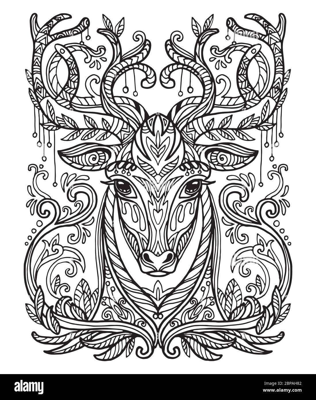 Vector decorative doodle ornamental head of deer. Abstract vector illustration of lion black contour isolated on white background. Stock illustration Stock Vector