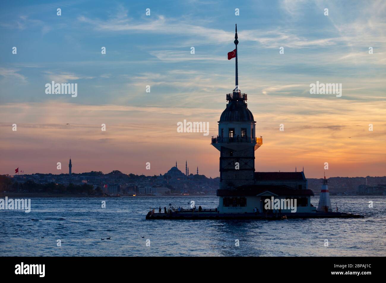 The Maiden's Tower, also known as Leander's Tower since the medieval Byzantine period, is a tower on a small islet in Istanbul, Turkey. Stock Photo