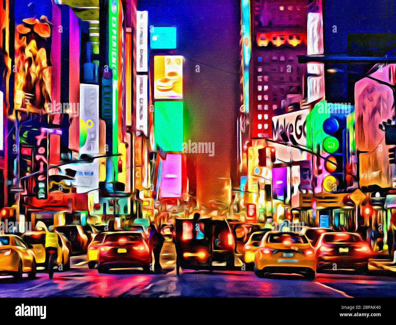 Neon at New York City USA artistic painting on canvas Yellow taxis and traffic at times square midtown at night Stock Photo