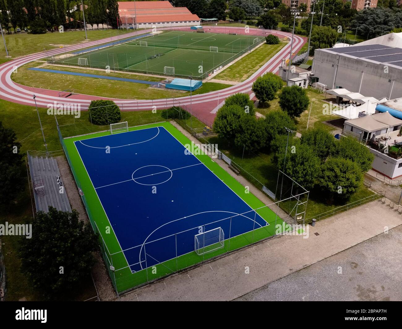 Turin, Italy - 18 May, 2020: (EDITORS NOTE: Image was created with a drone.) Aerial view shows a sports facility of the CUS Torino (Turin Sport University Center). The lockdown due to the COVID-19 coronavirus emergency banned all sports activities. Credit: Nicolò Campo/Alamy Live News Stock Photo