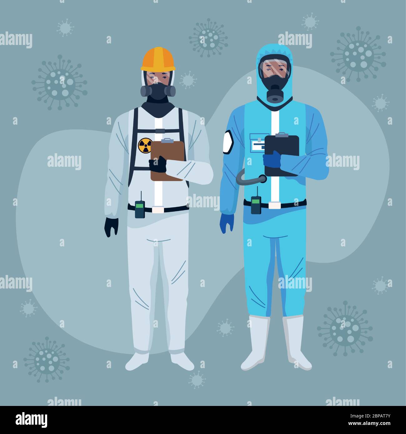 workers using white and blue protection virus suits characters Stock ...