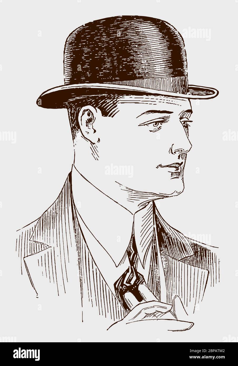 Portrait of a gentleman from the early 20th century in half profile view, wearing a bowler hat Stock Vector