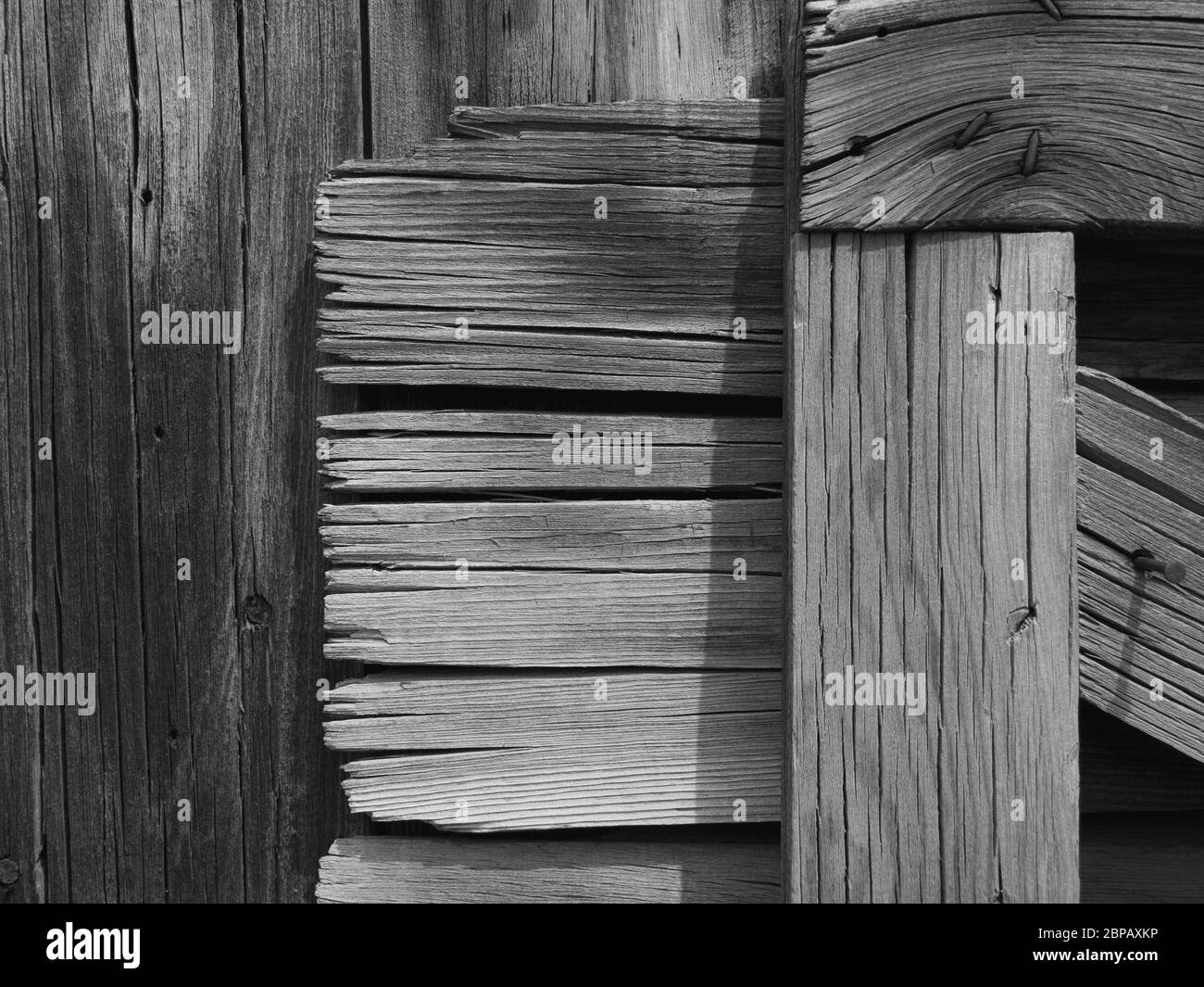 Black and white closeup of wood barn. Stock Photo