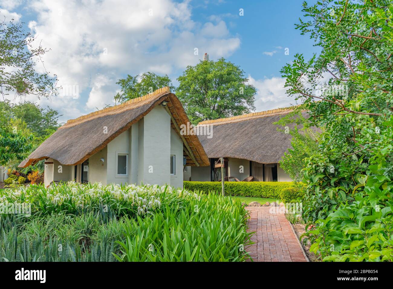 Hwange / Zimbabwe - February 4 2020: The buildings from the Shearwater Explorers Village Hotel at the Victoria Waterfalls Stock Photo