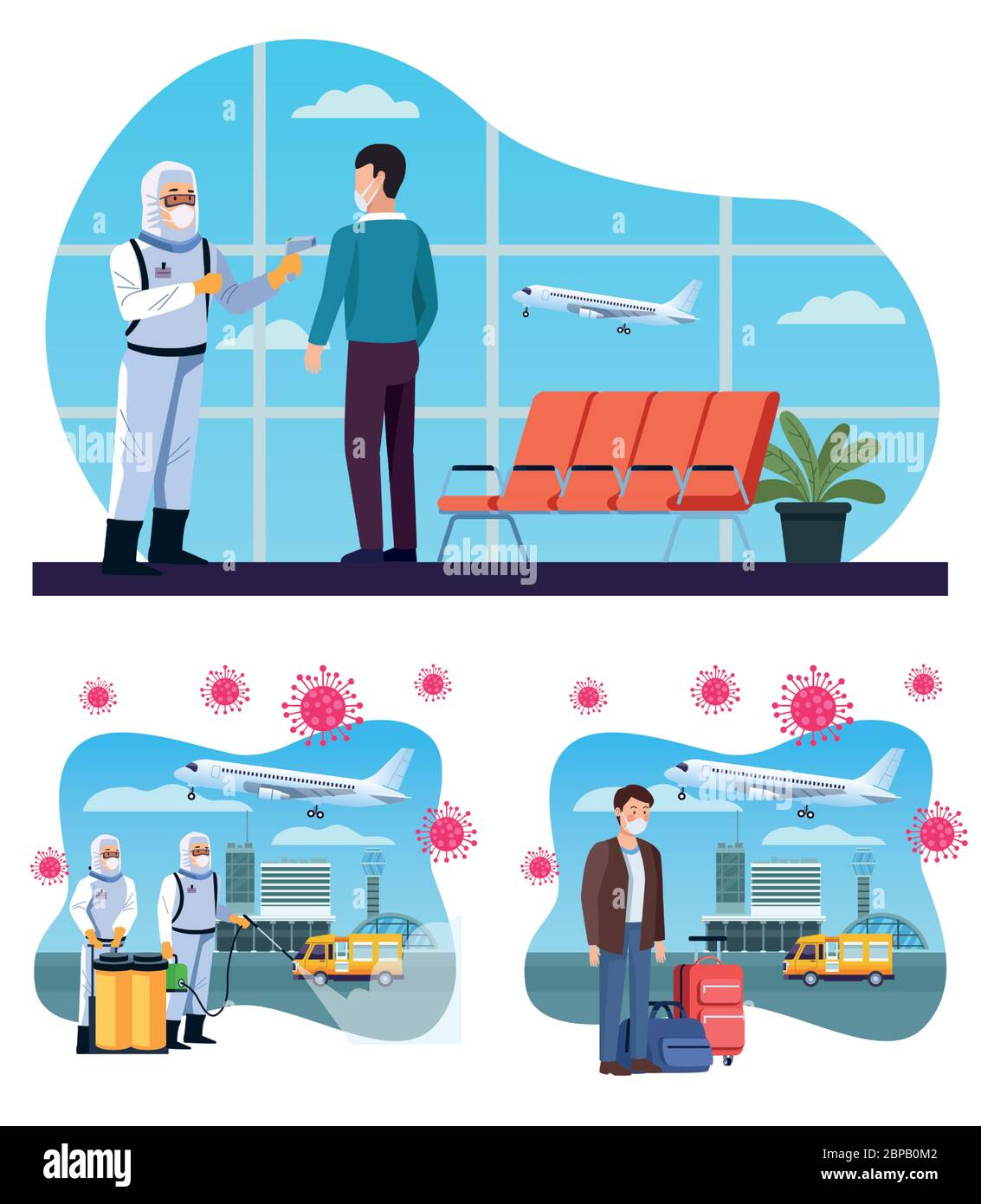 biosafety workers desinfect airport and checking temperature for covid19 Stock Vector