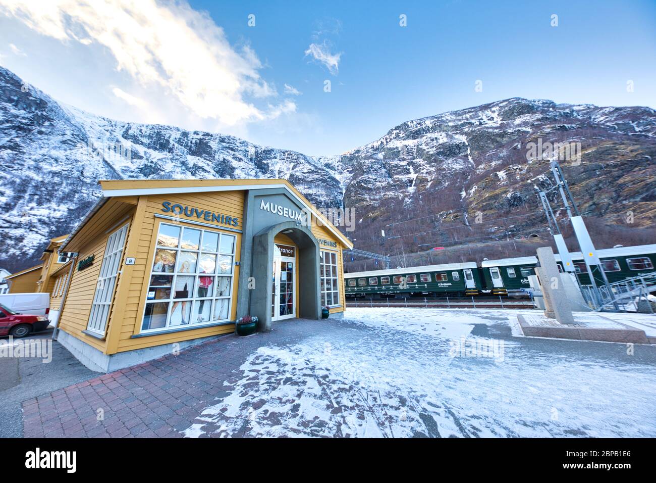 FLAM, NORWAY -  20th Feb, 2018: The train stops at the flam station. The Flam Line is between Myrdal and Flam in Aurland, Norway, the mainline of the Stock Photo