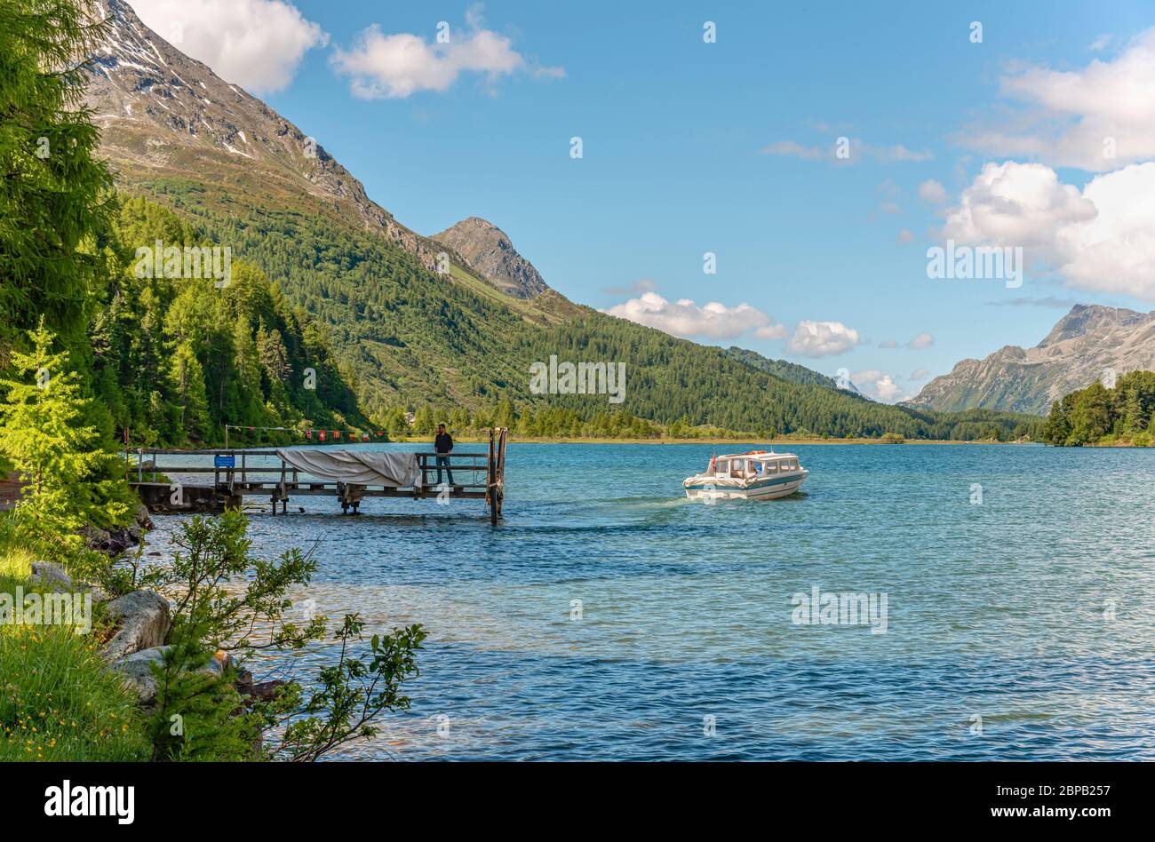 Ship of the highest shipping line in Europe on the Lake Sils, Engadin, Grisons, Switzerland Stock Photo