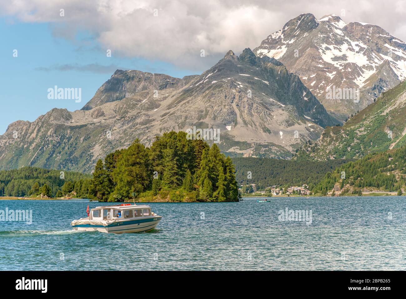 Ship of the highest shipping line in Europe on the Lake Sils, Engadin, Grisons, Switzerland Stock Photo