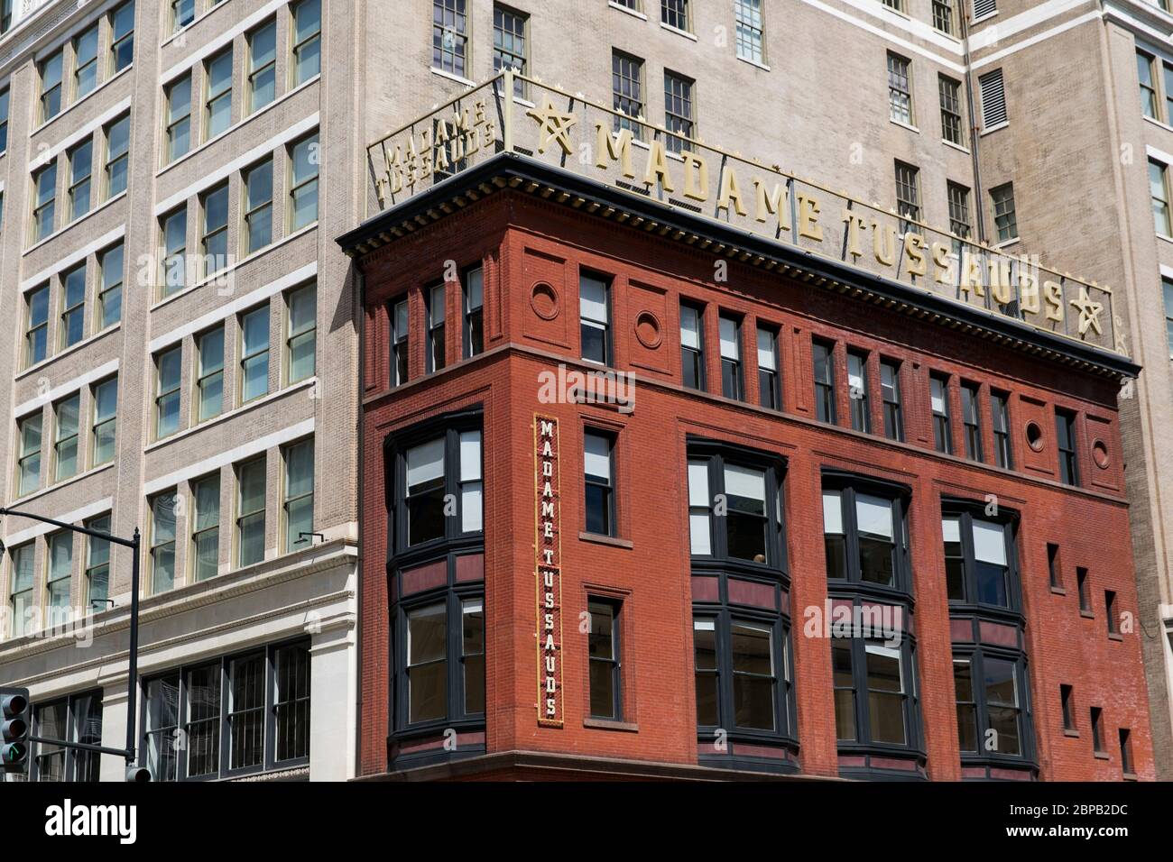 A logo sign outside of a Madame Tussauds wax museum location in Washington, D.C., on May 9, 2020