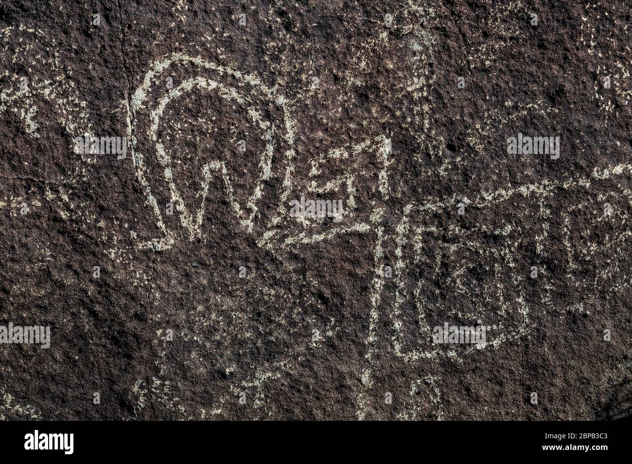 Rock art with geometric design created long ago by Jornada Mogollon people at Three Rivers Petroglyph Site in the northern Chihuahuan Desert, New Mexi Stock Photo
