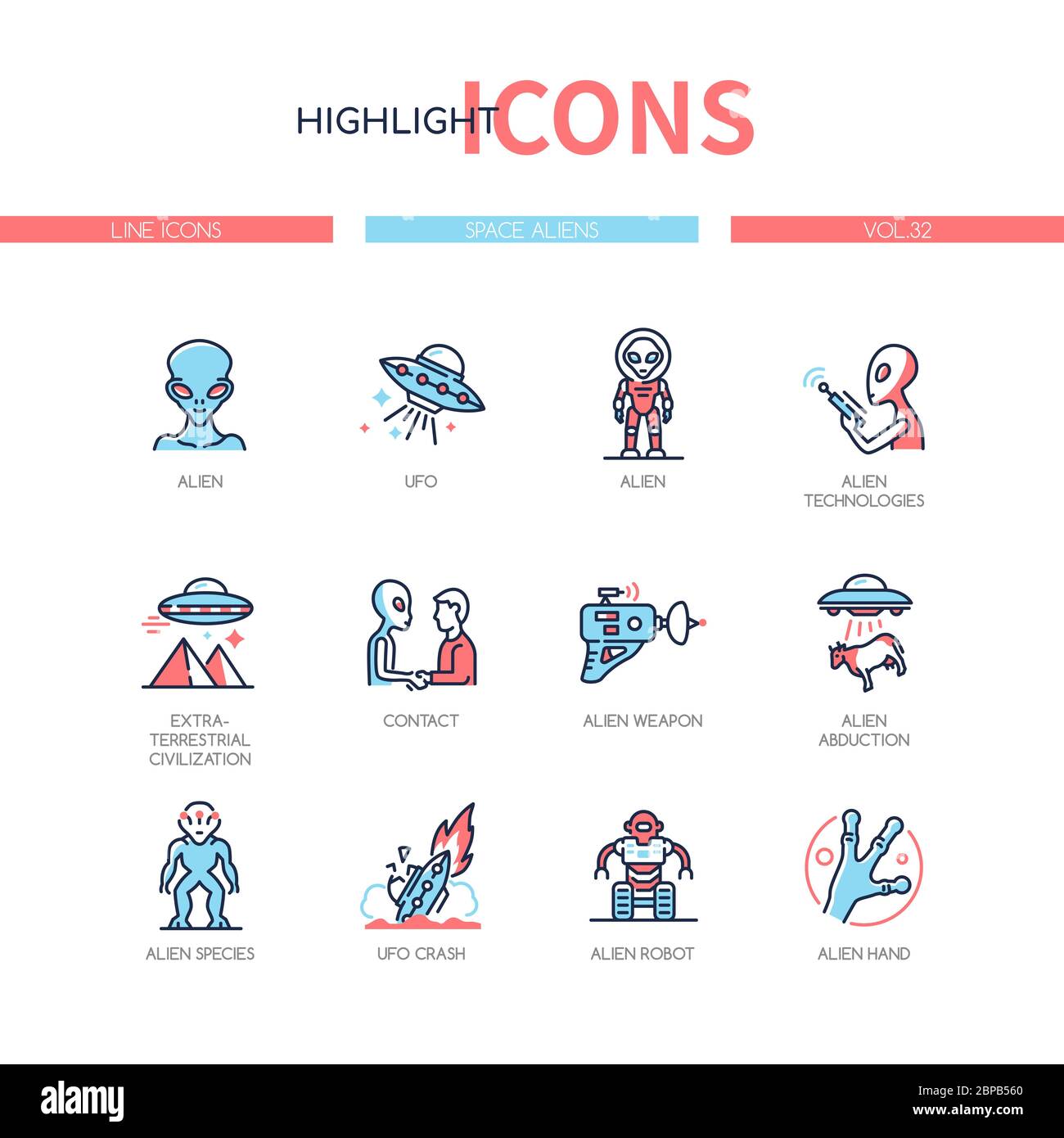 Space aliens - line design style icons set Stock Vector