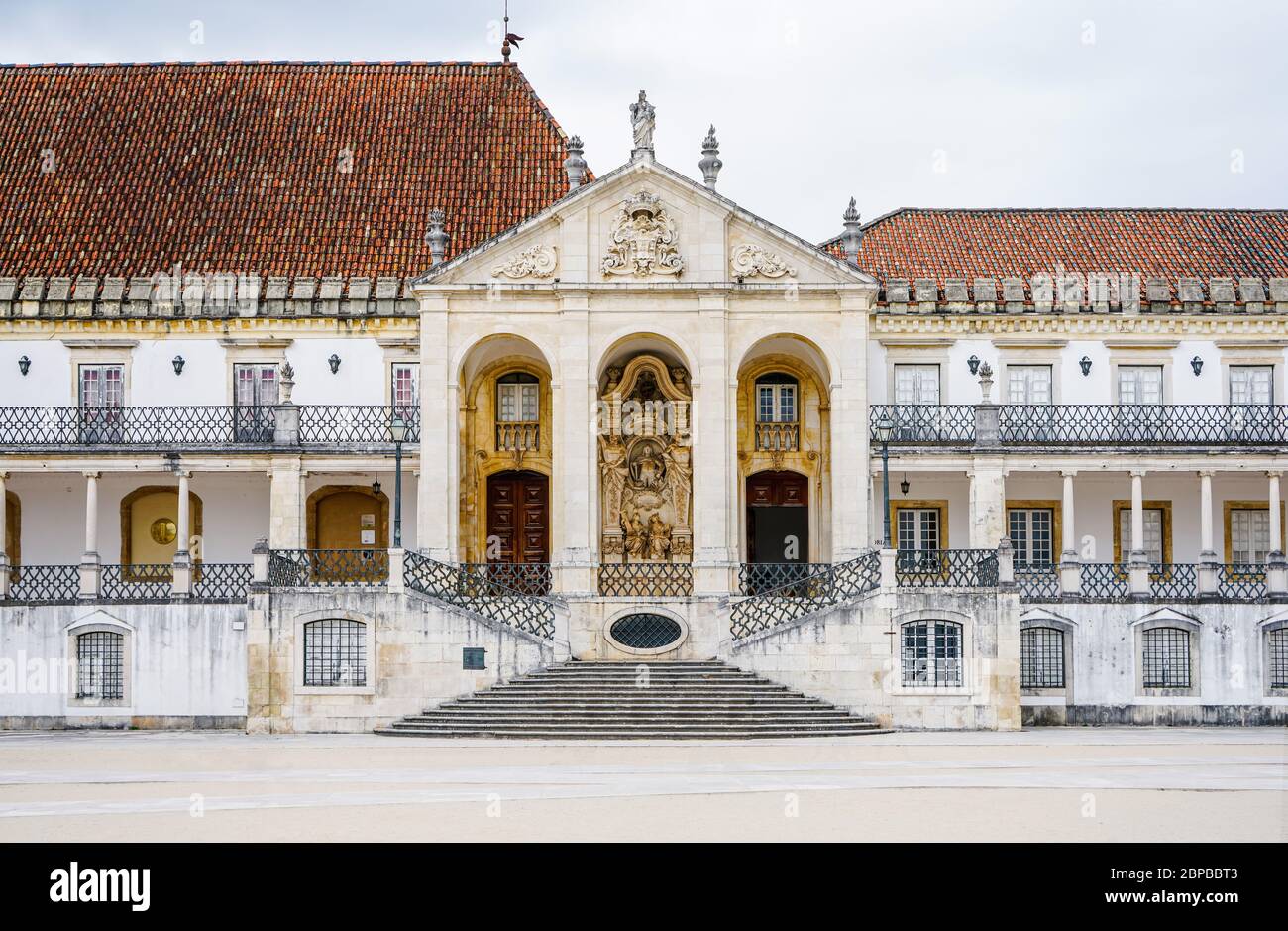 Facade and stairs to the Via Latina of the old University campus, also known as royal palace of Coimbra. Stock Photo