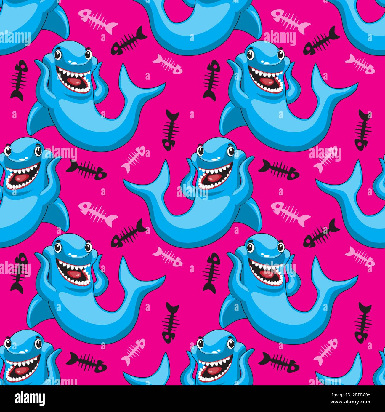 Seamless pattern of cartoon shark character on pink background. Vector image Stock Vector