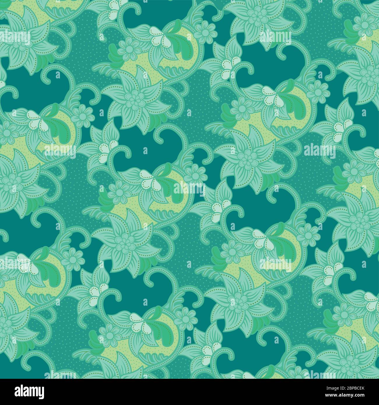 Traditional floral pattern batik drawing with dots and curly lines in turquoise and green tone. Batik is an Indonesian technique of wax-resist dyeing . Stock Vector