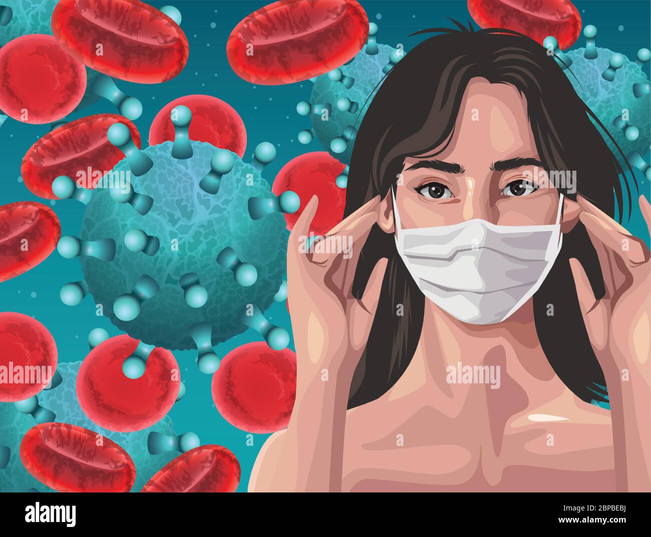 woman using fase mask with blood cells ,covid19 protection Stock Vector