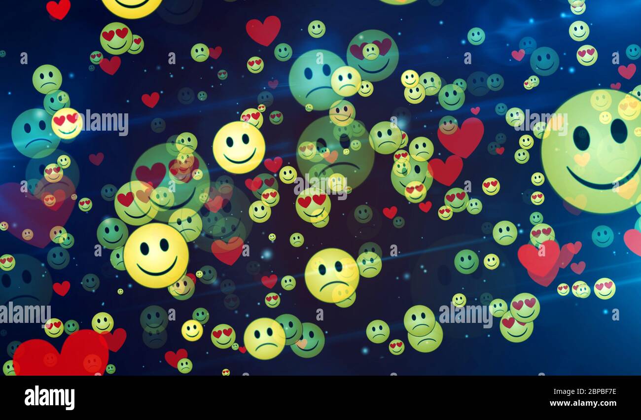 Emoji icon abstract background. Smile, love, sad emoticon symbols 3d  illustration. Abstract concept digital background of chat and social media  commun Stock Photo - Alamy