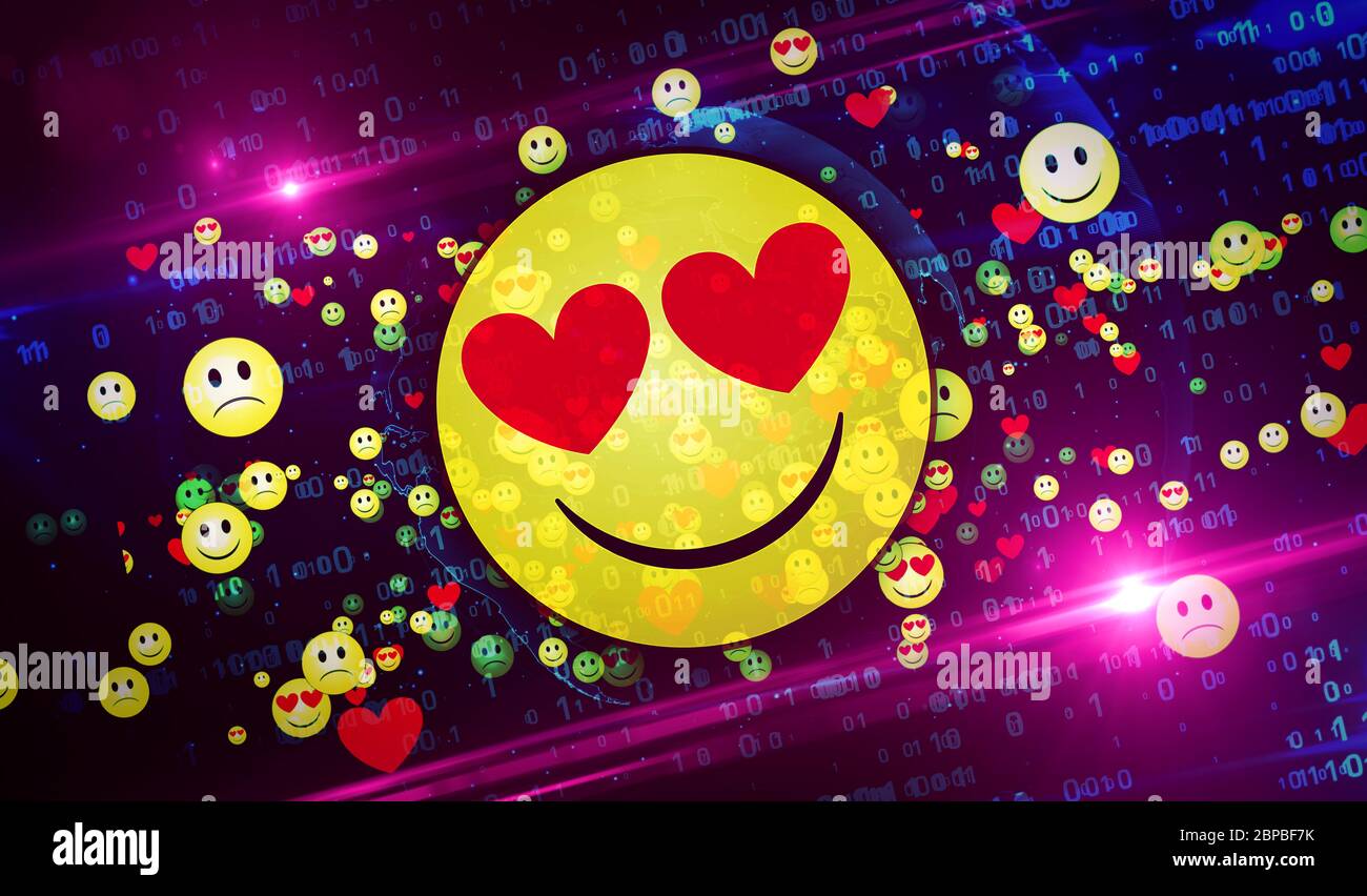 Emoji icon abstract background. Smile, love, sad emoticon symbols 3d  illustration. Abstract concept digital background of chat and social media  commun Stock Photo - Alamy