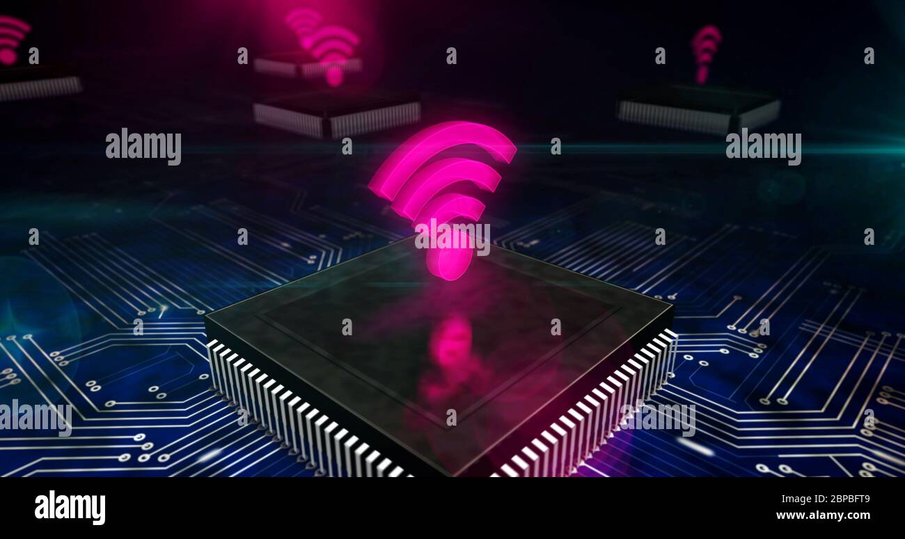 Wi-fi wireless communication network. 5G, mobile connection, digital networking technology concept 3D illustration. Board circuit inside working compu Stock Photo