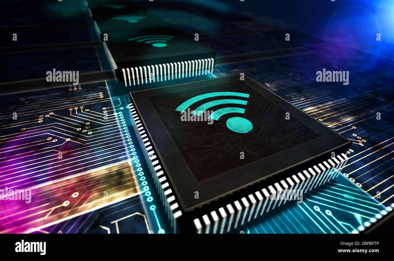 Wi-fi wireless communication network. 5G, mobile connection, digital networking technology concept production line abstract 3d rendering illustration. Stock Photo