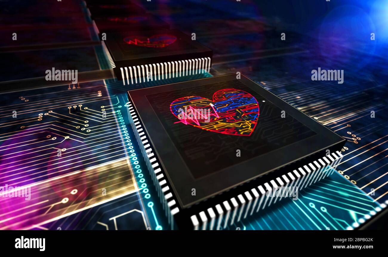 Cyber life and beating heart. Love, digital dating, robotics, health technology concept production line abstract 3d rendering illustration. Processor Stock Photo