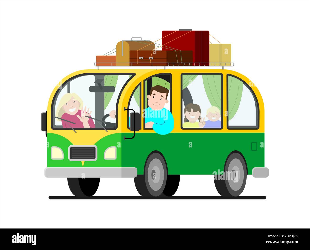 A family trip on a minivan; father drives, mother, children; camping. Happy cartoon people kids in a retro minivan. Road trip, summer vacation. Roof r Stock Vector