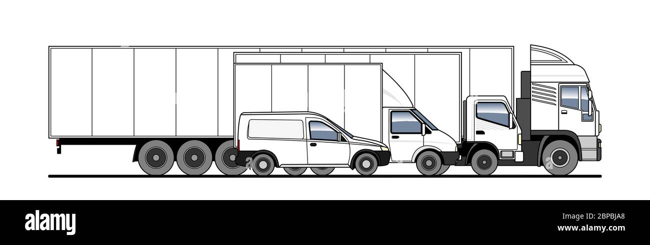 Delivery of goods and parcels by different trucks, cargo van, lorry. Vector set. Trucks in the parking lot side view. White blank truck template for a Stock Vector