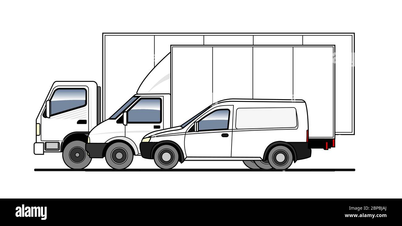 Delivery of goods and parcels by different trucks, lorry. Vector set. Trucks in the parking lot side view. White blank truck template for advertising. Stock Vector