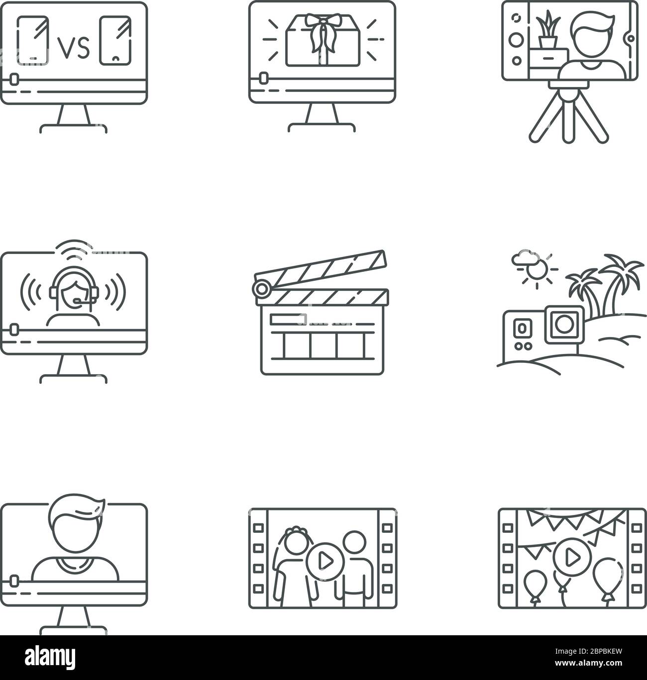 Video production pixel perfect linear icons set Stock Vector