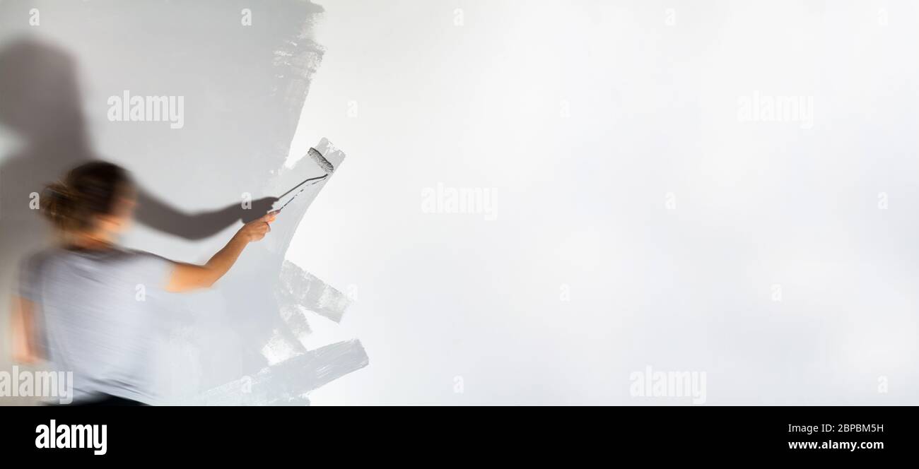 Craftswoman with small paint roller paints white wall with silver-gray paint painting company training teaching profession do it yourself tools Stock Photo