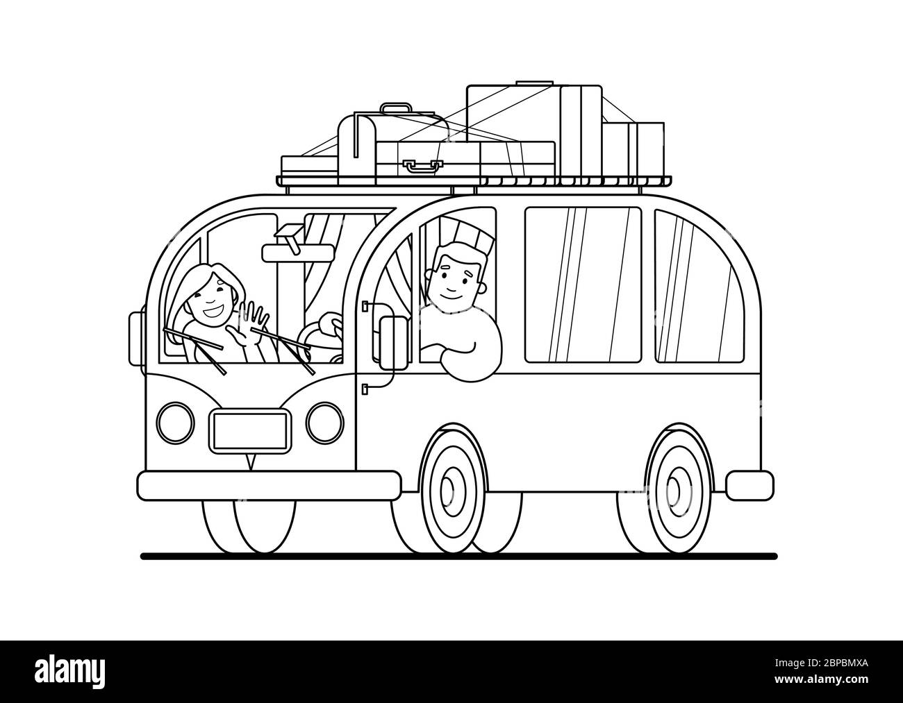 Family travel on a minivan; a man drives, a woman waves her hand. Happy cartoon people in a retro minivan. Road trip, summer vacation, vector illustra Stock Vector