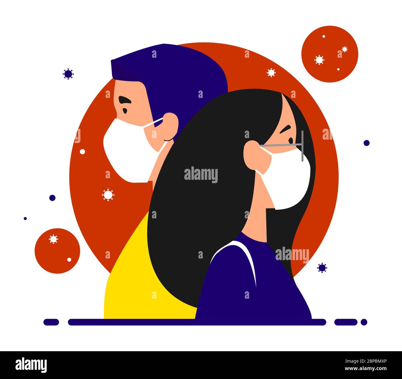 A girl and a guy in medical masks stand back to back. viruses around them in the air. Together against coronavirus. Stay home, quarantine, isolation c Stock Vector