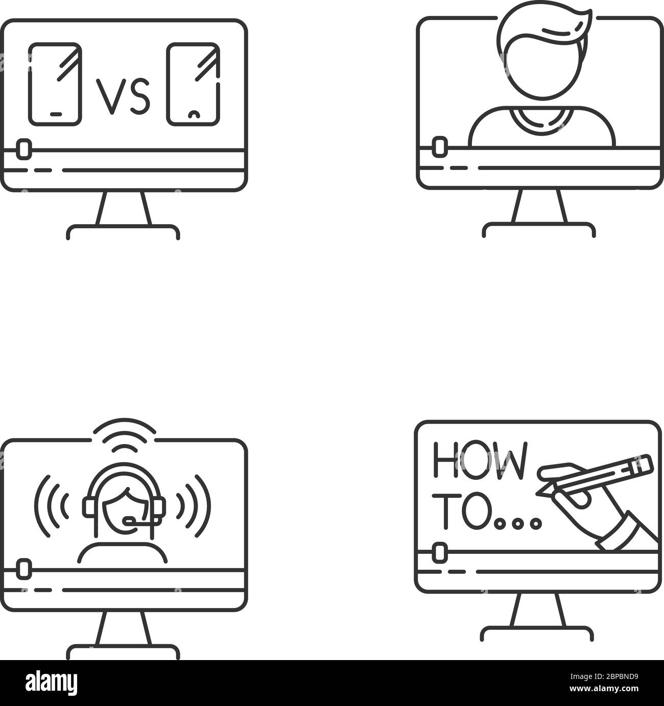 Online video watching pixel perfect linear icons set Stock Vector