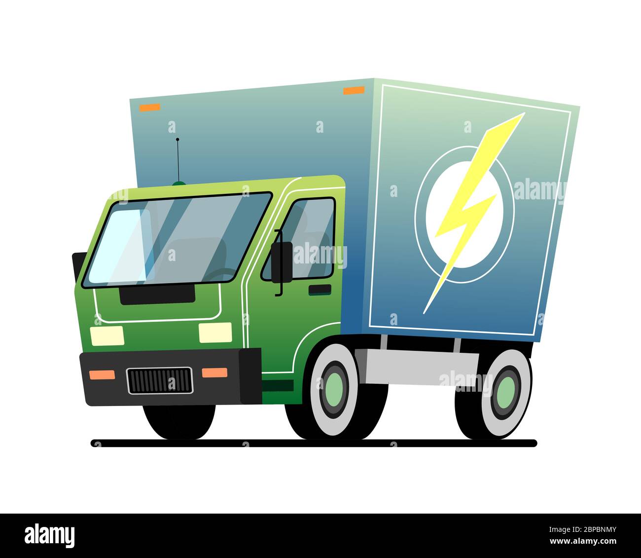 Vector small truck. Very fast, lightning fast delivery of goods, online orders, goods. Emblem in the form of a lightning on the side of the body. Cart Stock Vector