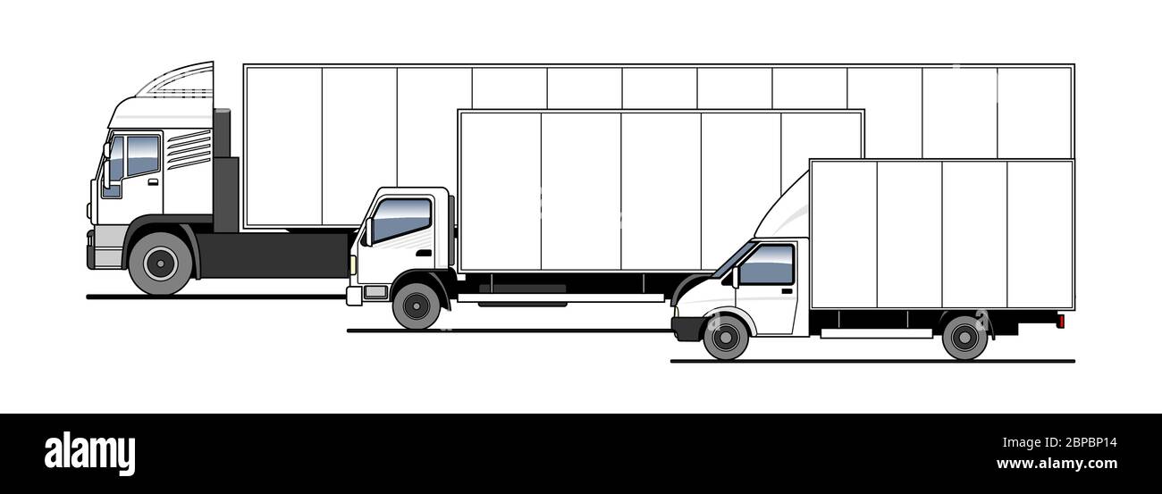Delivery of goods and parcels by different trucks, lorry. Vector set. Trucks in the parking lot side view. White blank truck template for advertising. Stock Vector