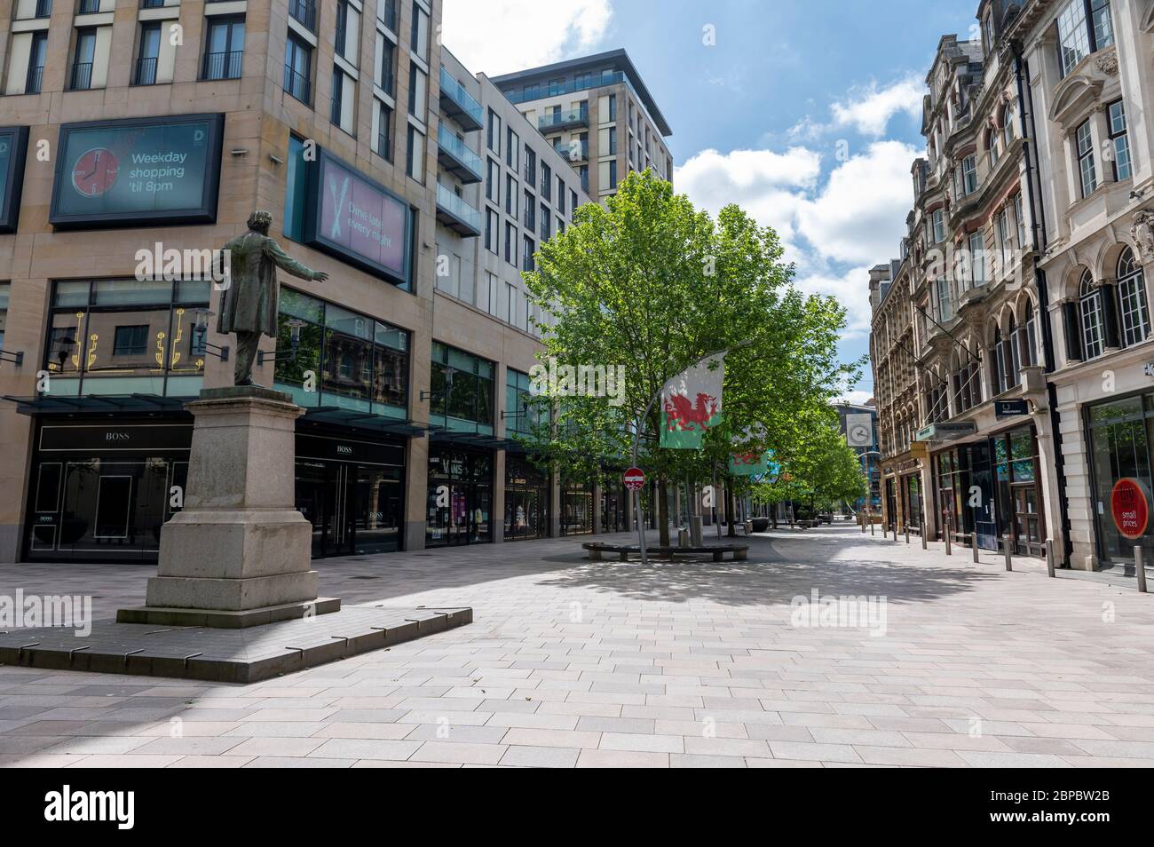 Cardiff City Centre pictured mid morning on 18/5/20 during Covid 19 Lockdown. A deserted Hayes. Stock Photo