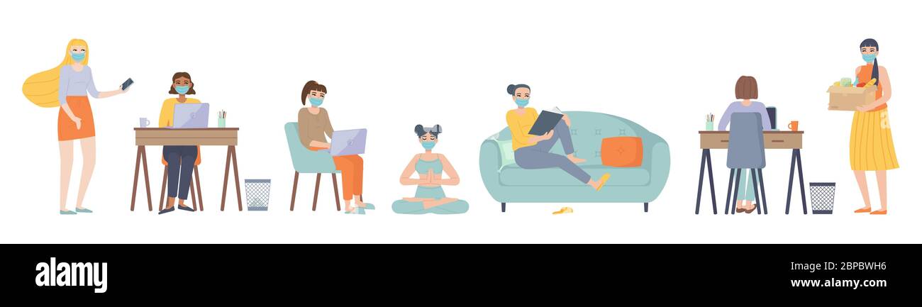 leisure activities character set in face mask. Sitting on sofa,couch with laptop, reading, learning, working at home, meditation. Home, indoor hobby Stock Vector
