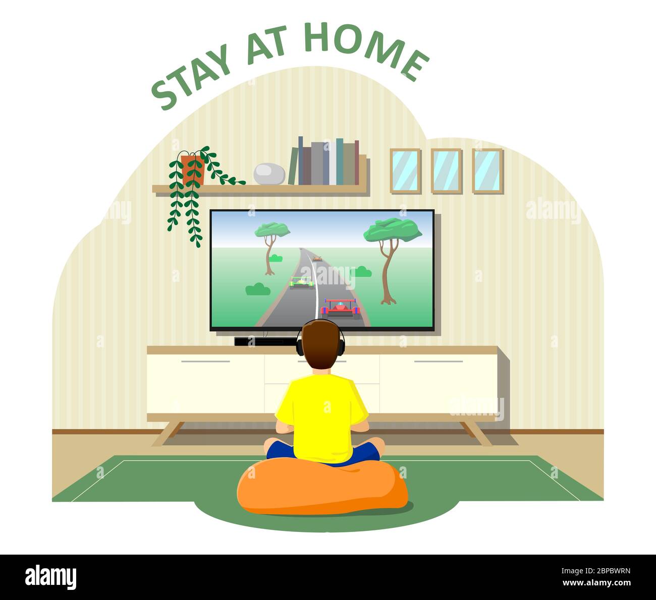 The boy sits in front of the TV, plays video games, the console. Stayed home, quarantine, isolation. Modern flat vector image. Stock Vector
