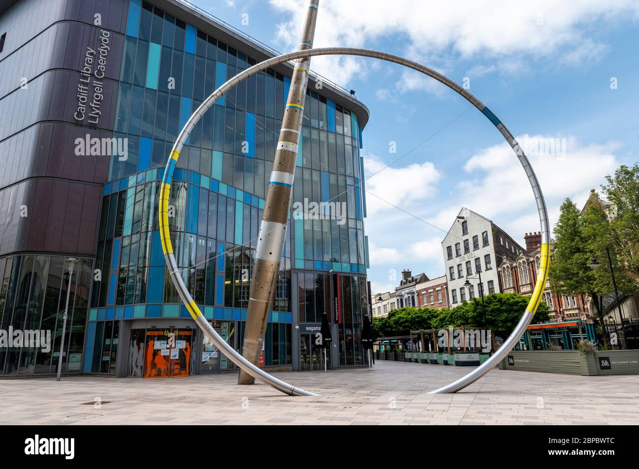 Cardiff City Centre pictured mid morning on 18/5/20 during Covid 19 Lockdown. The Library on Mill Lane. Stock Photo