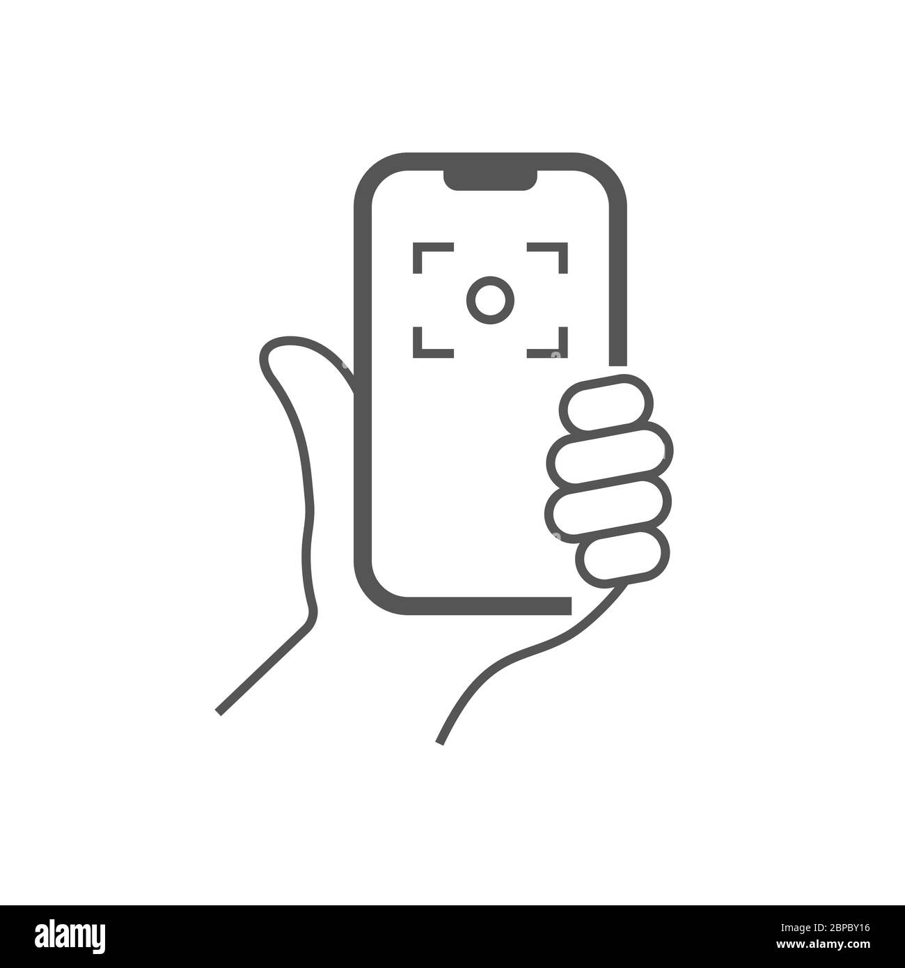 The hand hold the smartphone and doing selfie. Photo on smartphone. Editable Stroke. EPS 10 Stock Vector