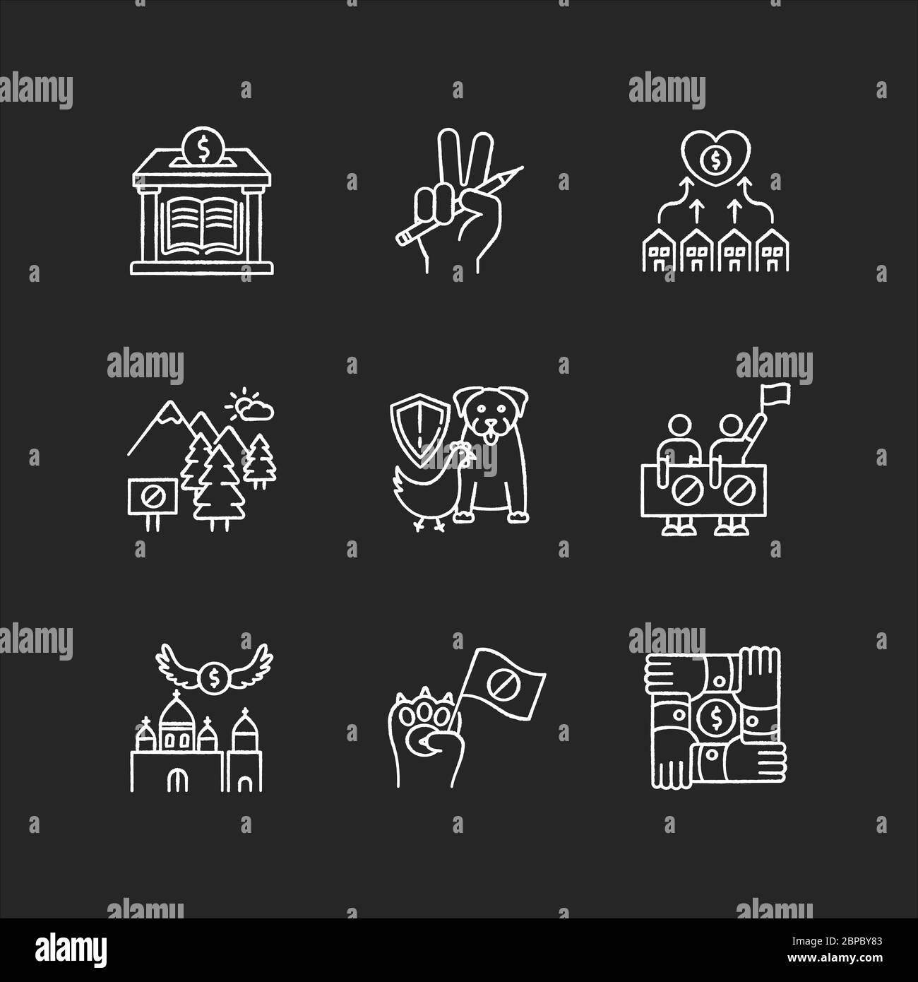 Community support chalk white icons set on black background Stock Vector