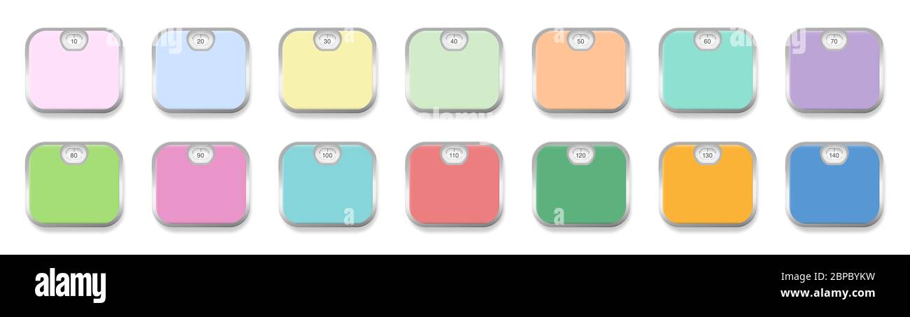 Colorful personal scales with weight display from 10 to 140. Colored scales set with silver frames - illustration on white background. Stock Photo
