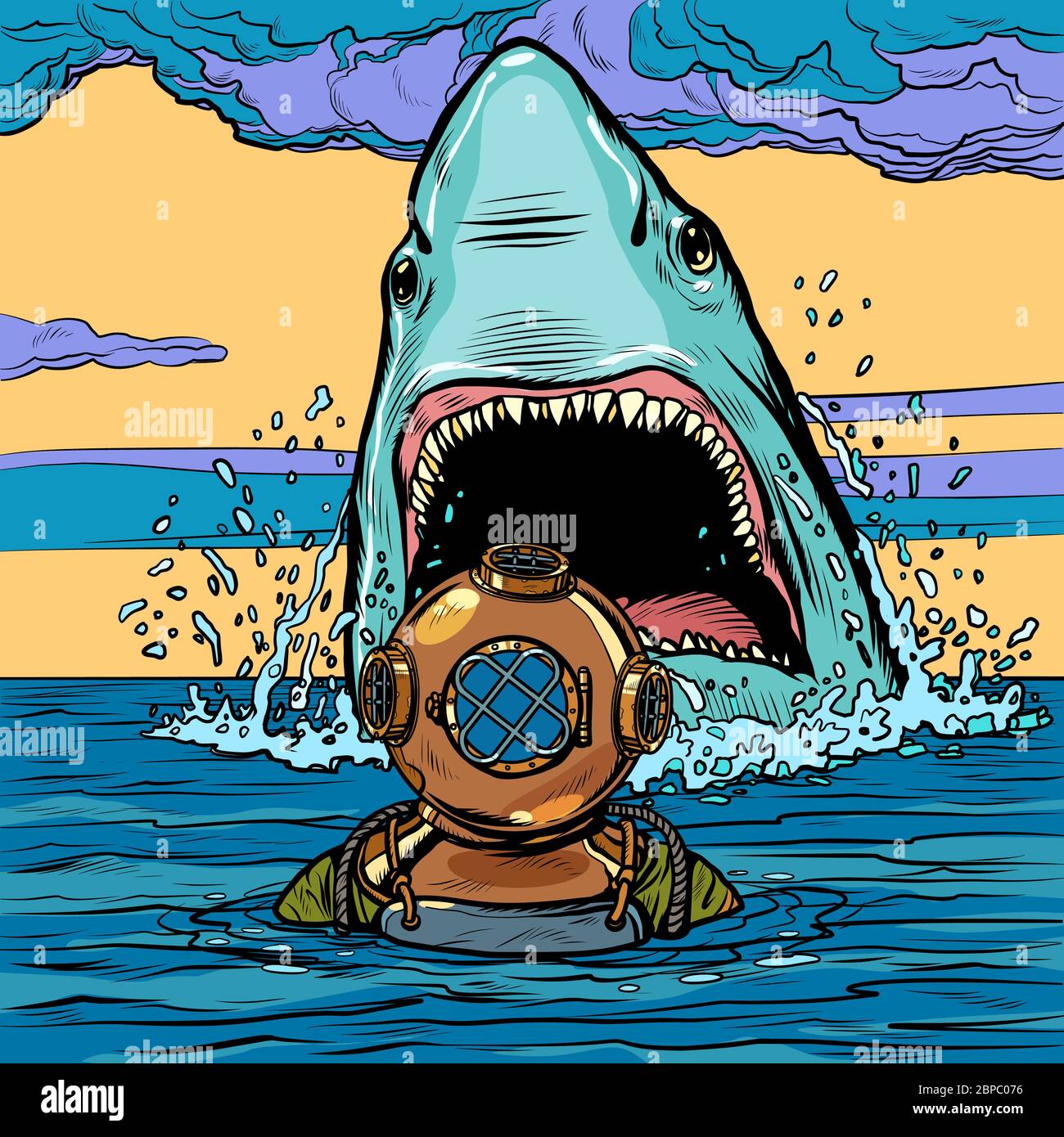 shark attack on diver. Pop art vector illustration drawing Stock Photo -  Alamy