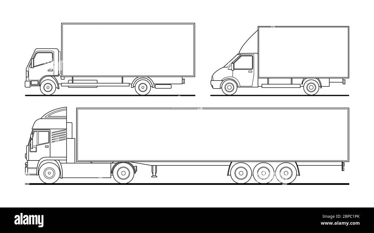Vector outline set of different trucks, semitrailer. Blank template truck for advertising, for coloring books. Freight transportation. Modern flat vec Stock Vector
