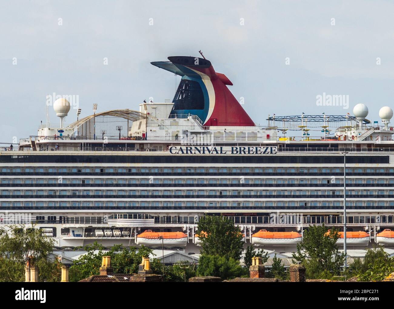 The funnel of the Carnival Breeze cruise ship operated by Carnival Cruise Line docked in Southampton May 2020, England, UK Stock Photo