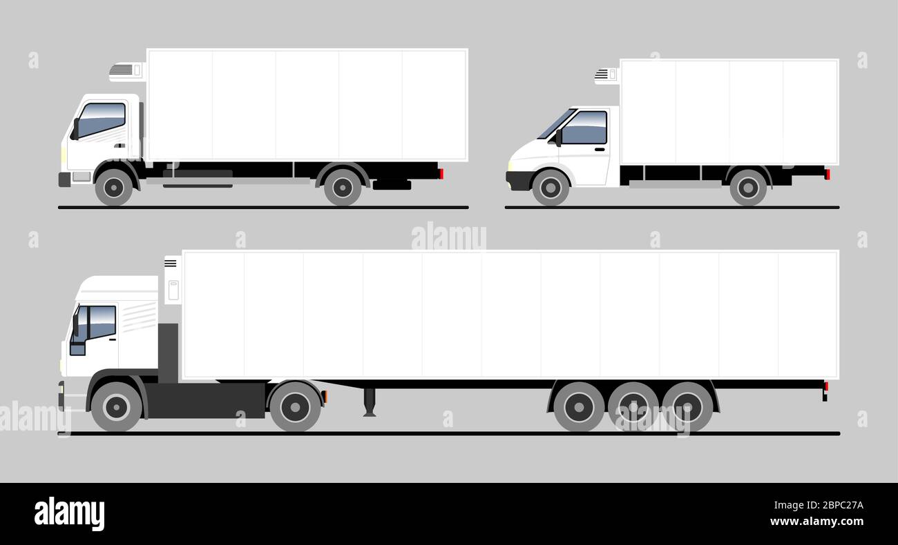 Vector set of different refrigerated trucks, side semi-trailer, side view. White blank truck template for advertising. Freight transportation, deliver Stock Vector