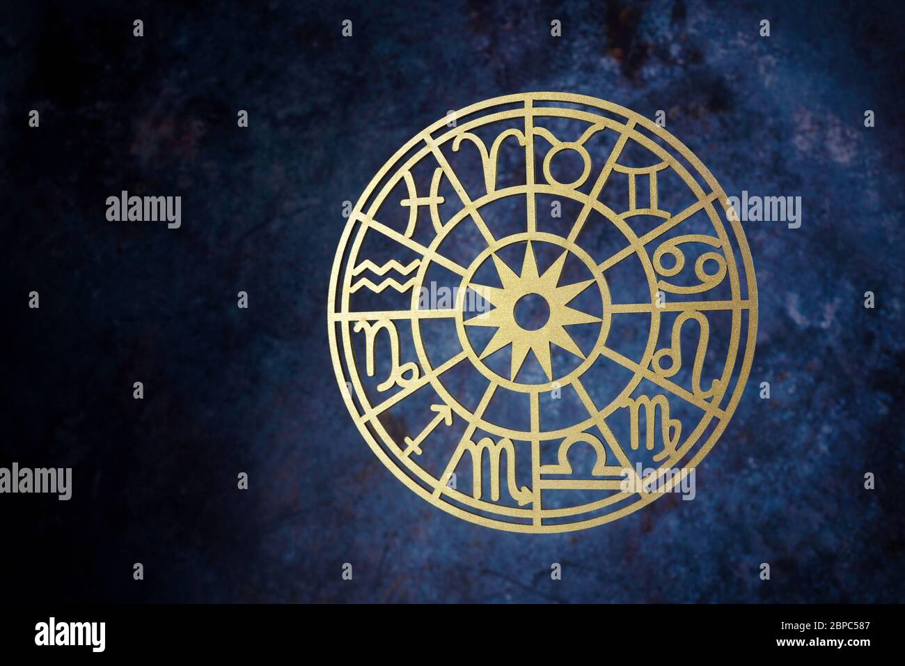 Zodiac signs horoscope circle on dark background. Astrology background. Stock Photo