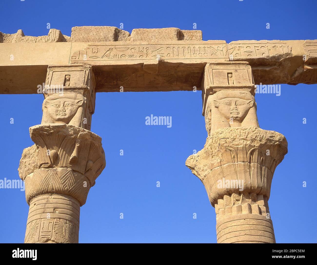 Capitals of east colonnade, The Temple of Isis, Agikia Island, Lake Nasser, Aswan, Aswan Governorate, Republic of Egypt Stock Photo